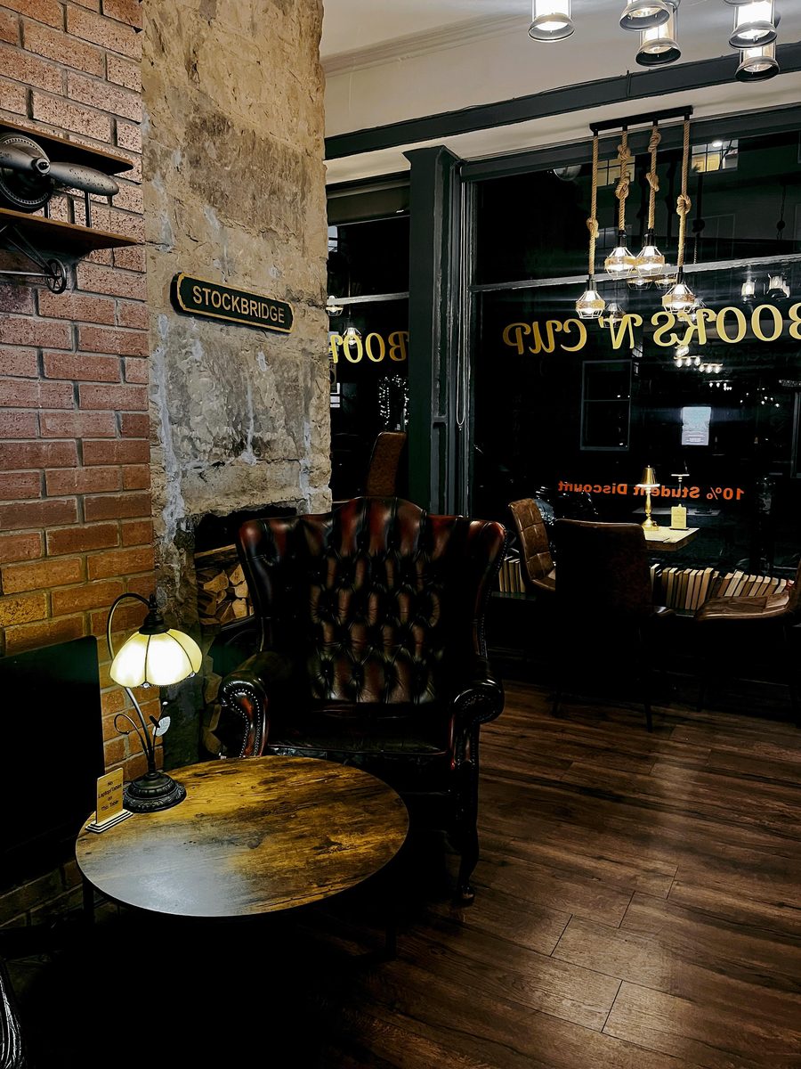 Armchairs and lamplight in the evening room